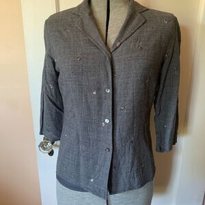 Talbots Wool Blazer Sz 4 Grey Embroidered Floral 3/4 Sleeves Lined Lightweight